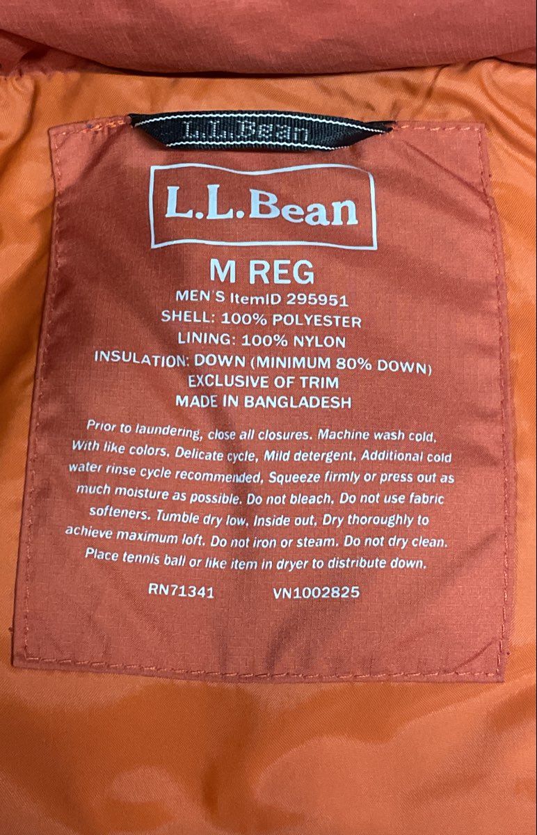 L.L. Bean Men's Orange Down Puffer Vest Quilted Insulated Full Zip Snap Sz M