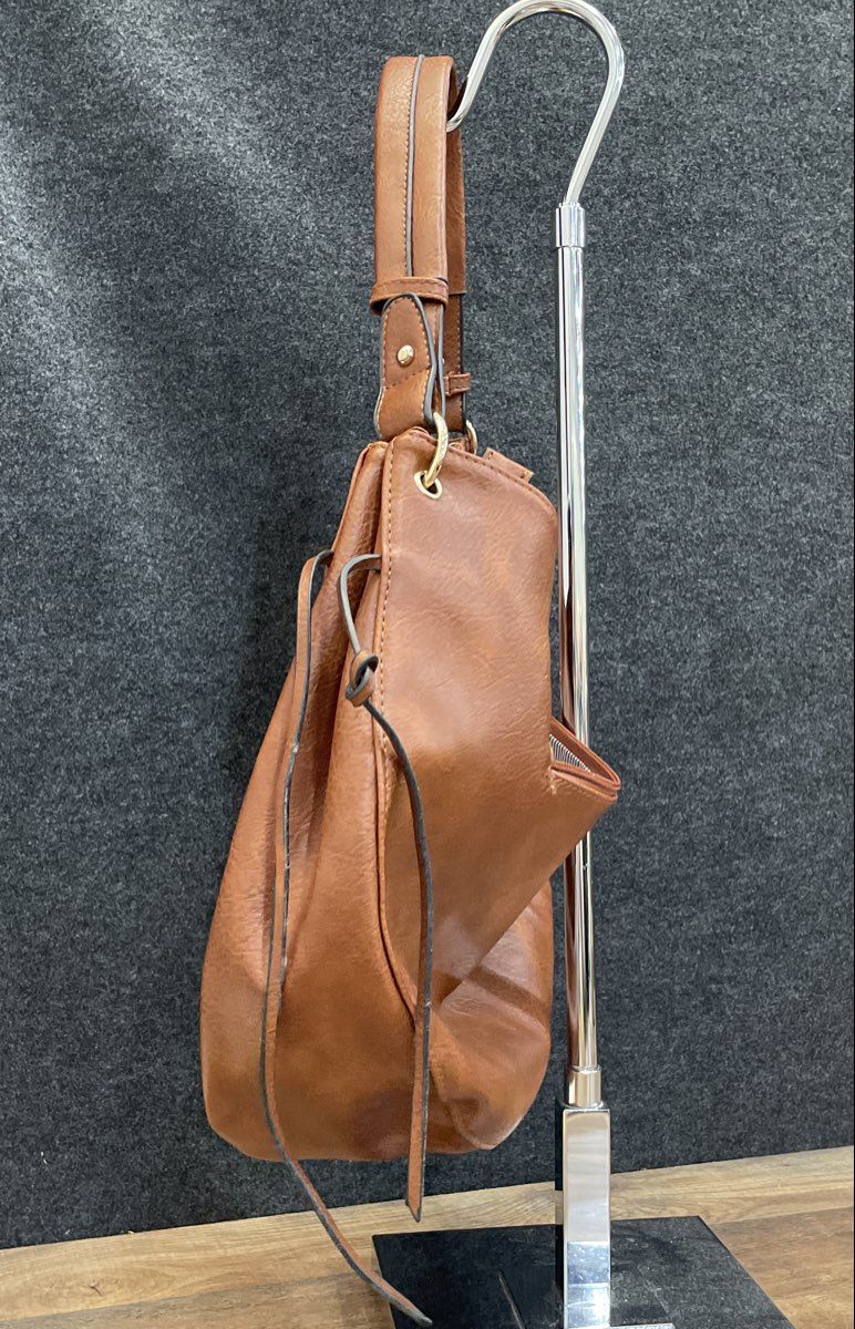 Cognac Brown Leather Hobo Shoulder Bag Tassel Woven Stitch Detail Large