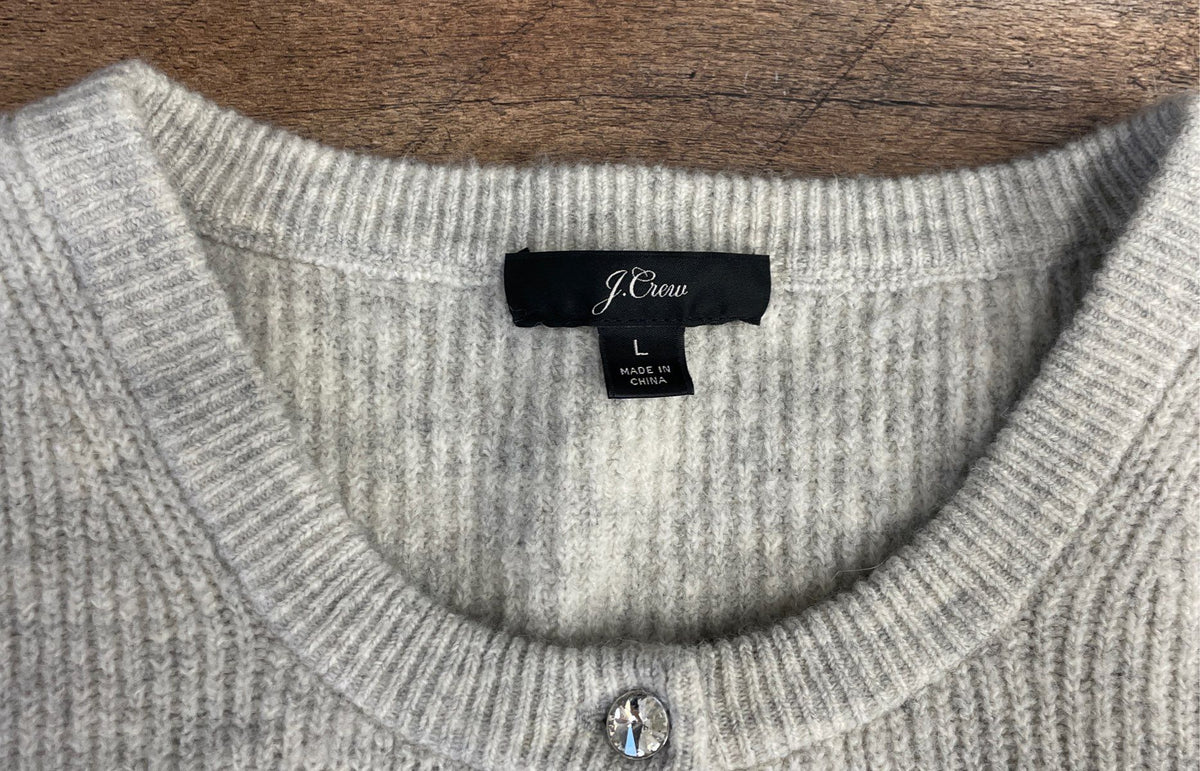 J. Crew Women's Cardigan Gray Wool Alpaca Blend Jeweled Button Ribbed Size L