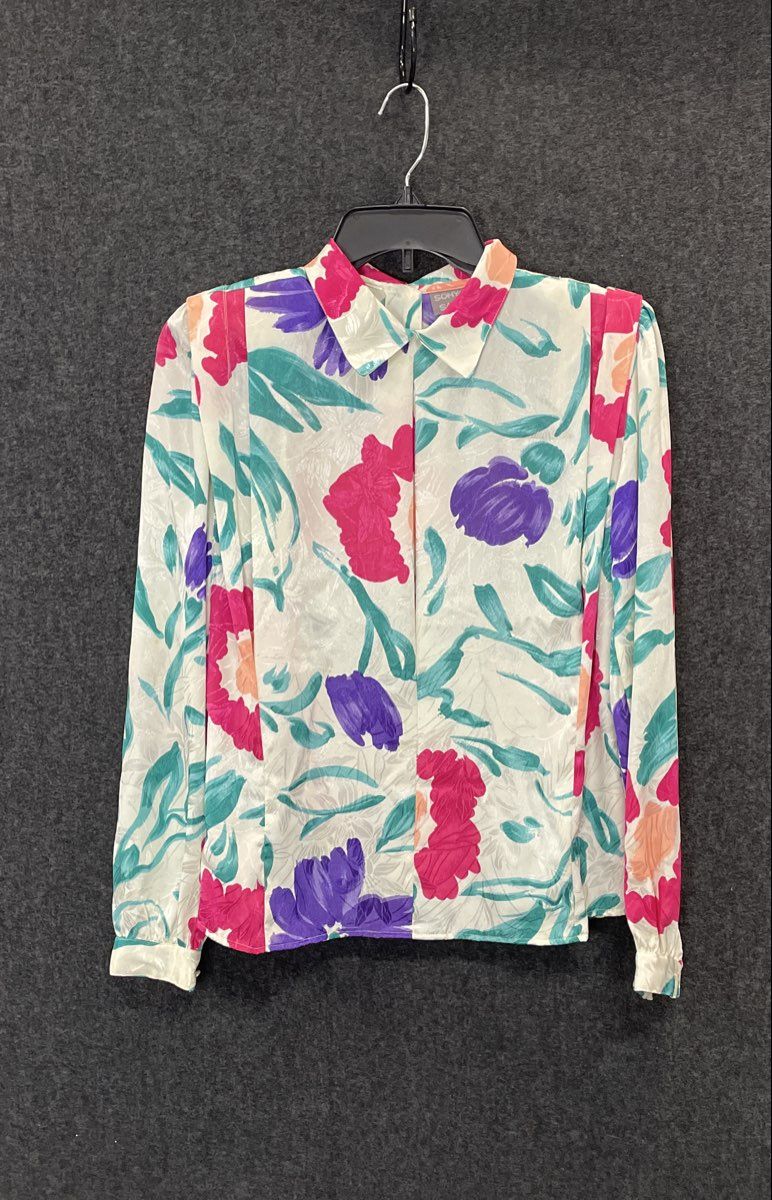 Vintage 80s Sonya Ratay for San Andre Women's Floral Button Back Blouse Sz S