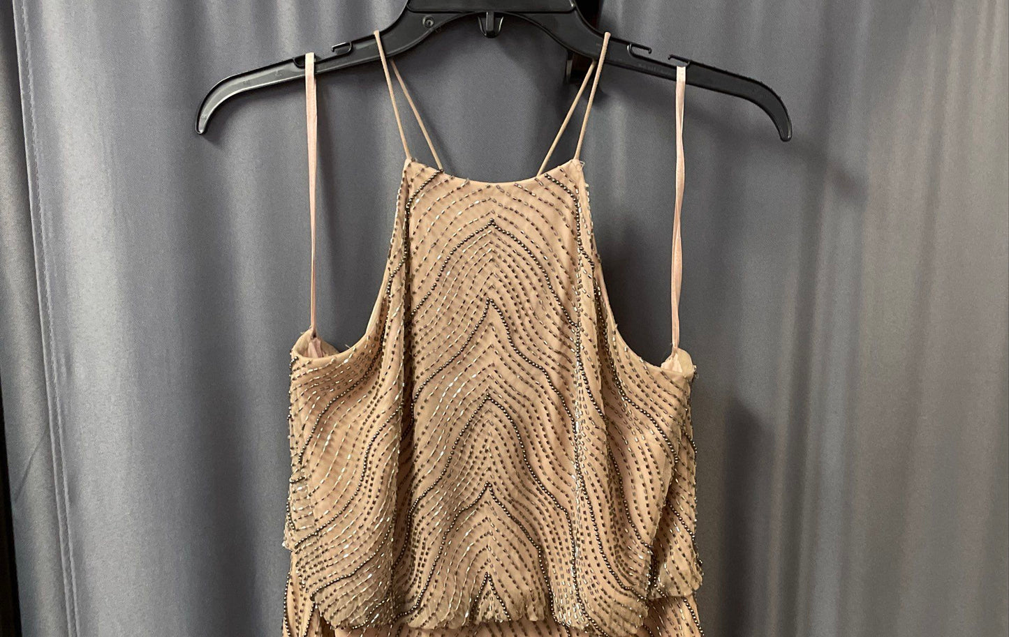 Adrianna Pappel Women's Tan Champagne Beaded Sequined Halter Gown Dress Sz 14P