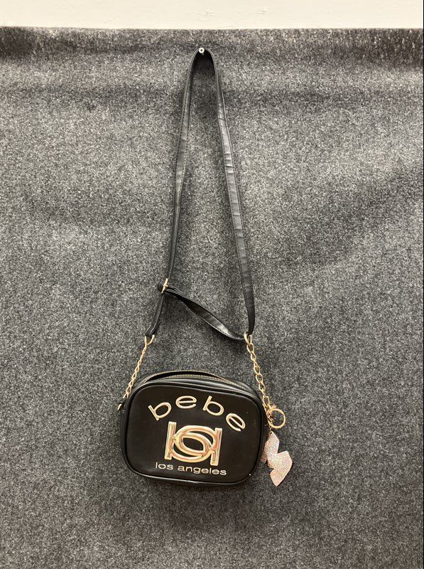 bebe Black Faux Leather Camera Crossbody Bag Gold Logo Rhinestone Charm