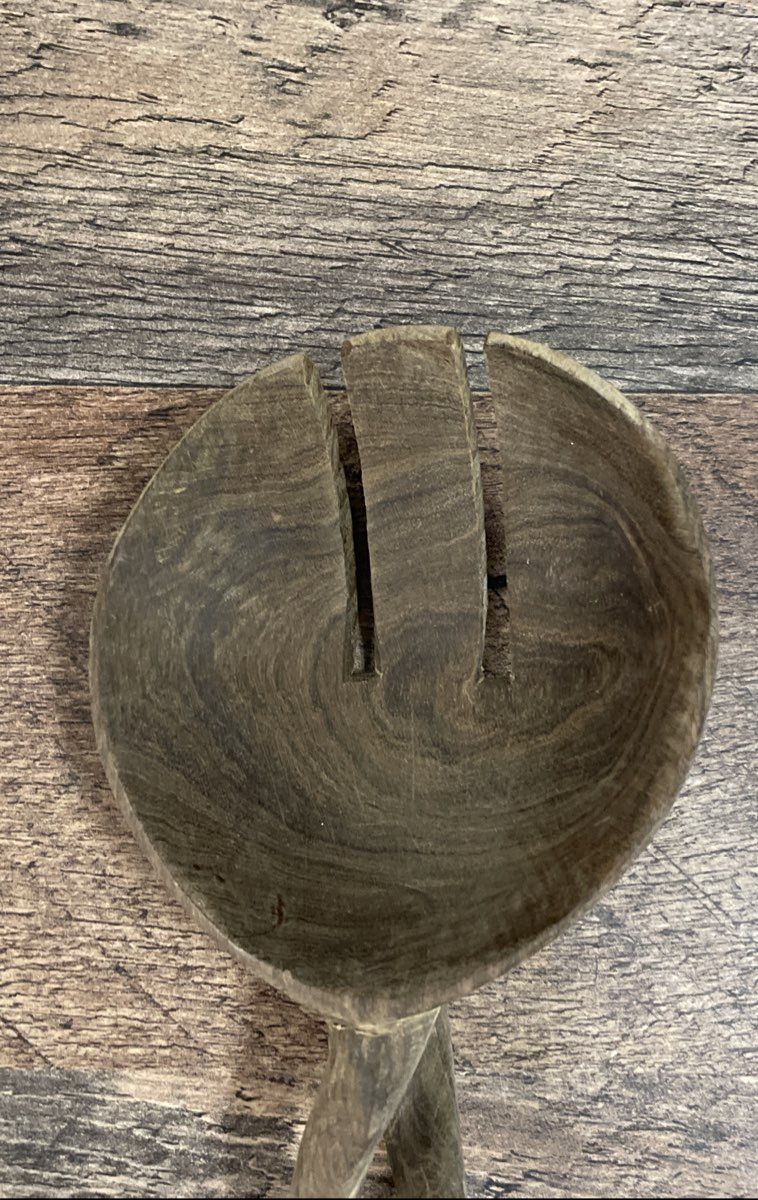 Vintage Hand Carved Wood & Bone Handle Twisted Slotted Salad Spoon Folk Art