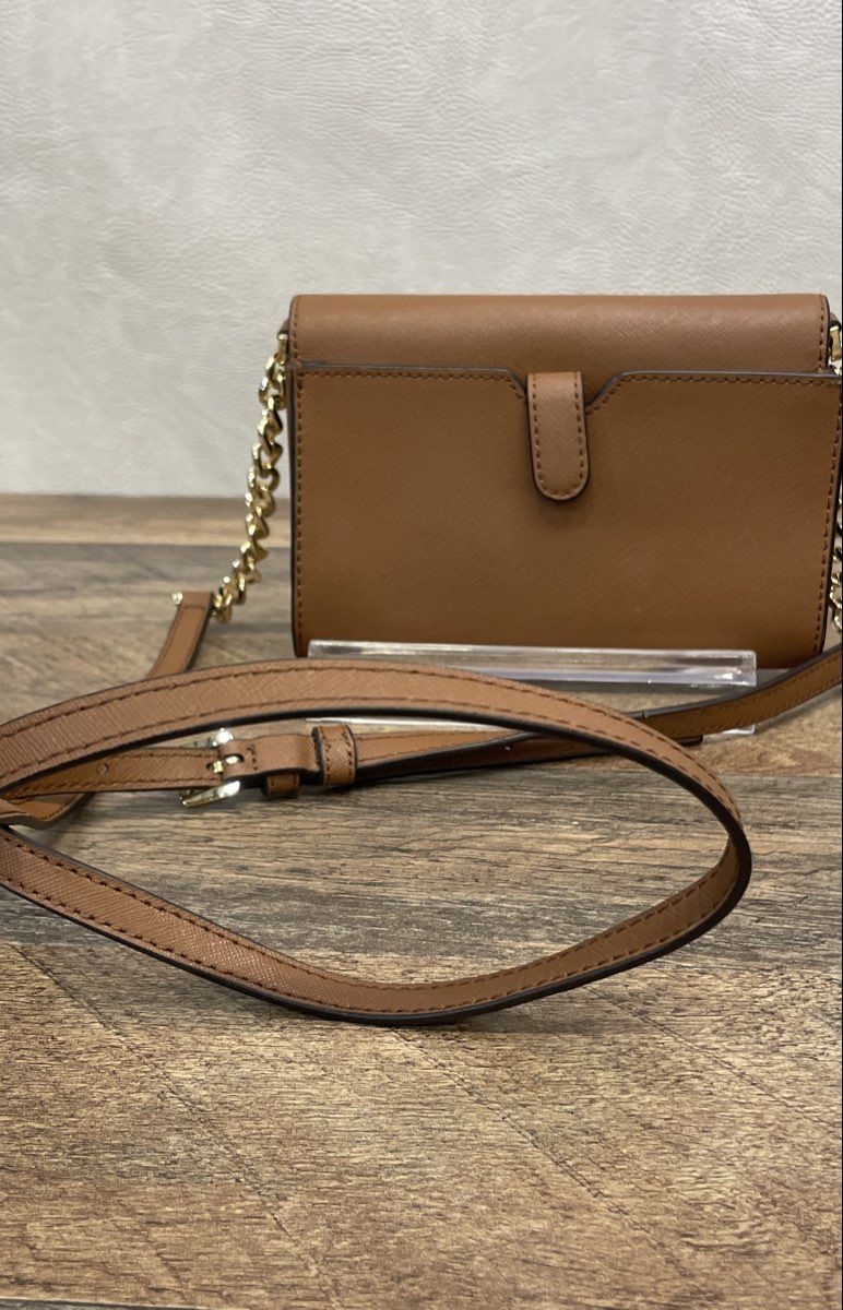 Michael Kors Brown Saffiano Leather Crossbody Bag Gold Hardware Wallet on Chain
