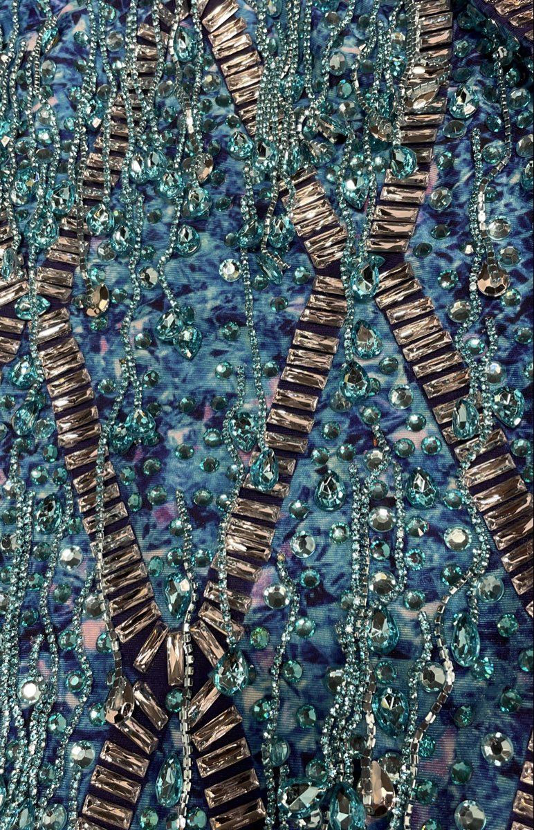 Women's Blue 2-Piece Performance Dance Outfit Beaded Rhinestone Fringe Set Sz S