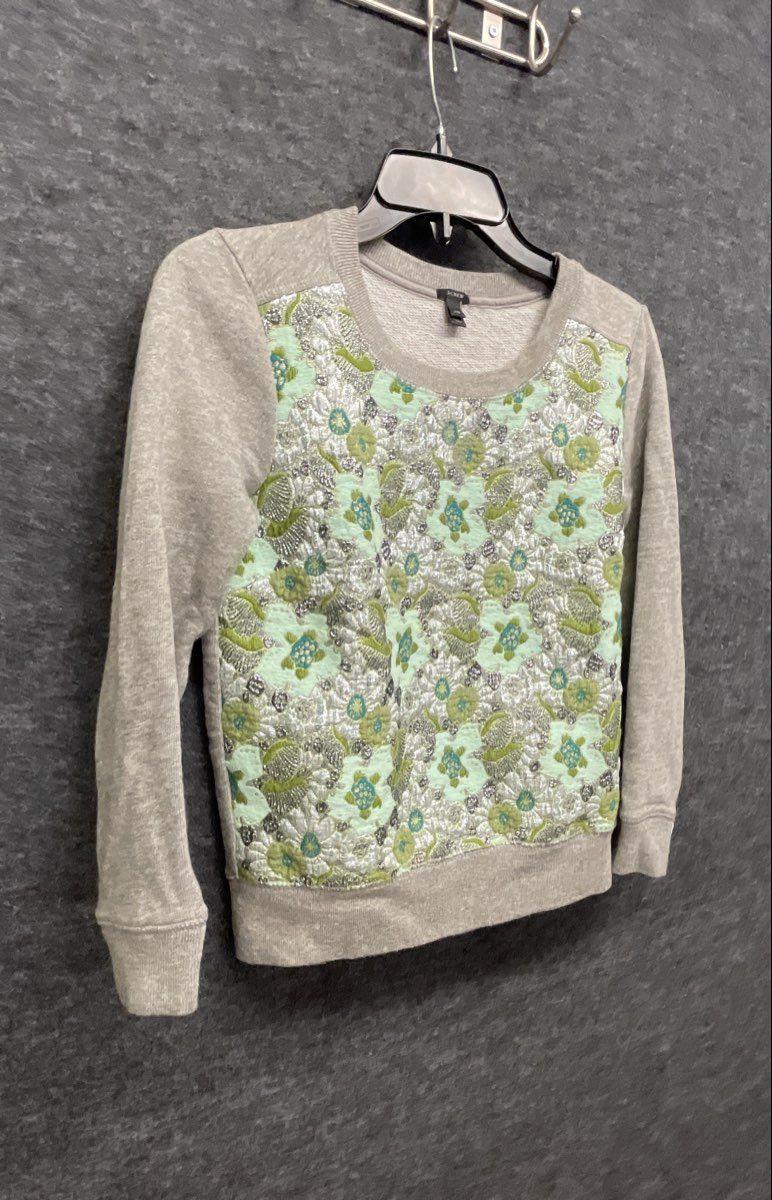 J.Crew Women's Gray Embroidered Floral Quilted Front Sweatshirt Sz XXS