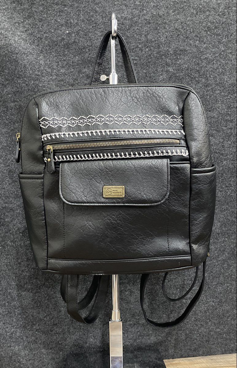 White Mountain Black Leather Embroidered Detail Backpack Brass Hardware
