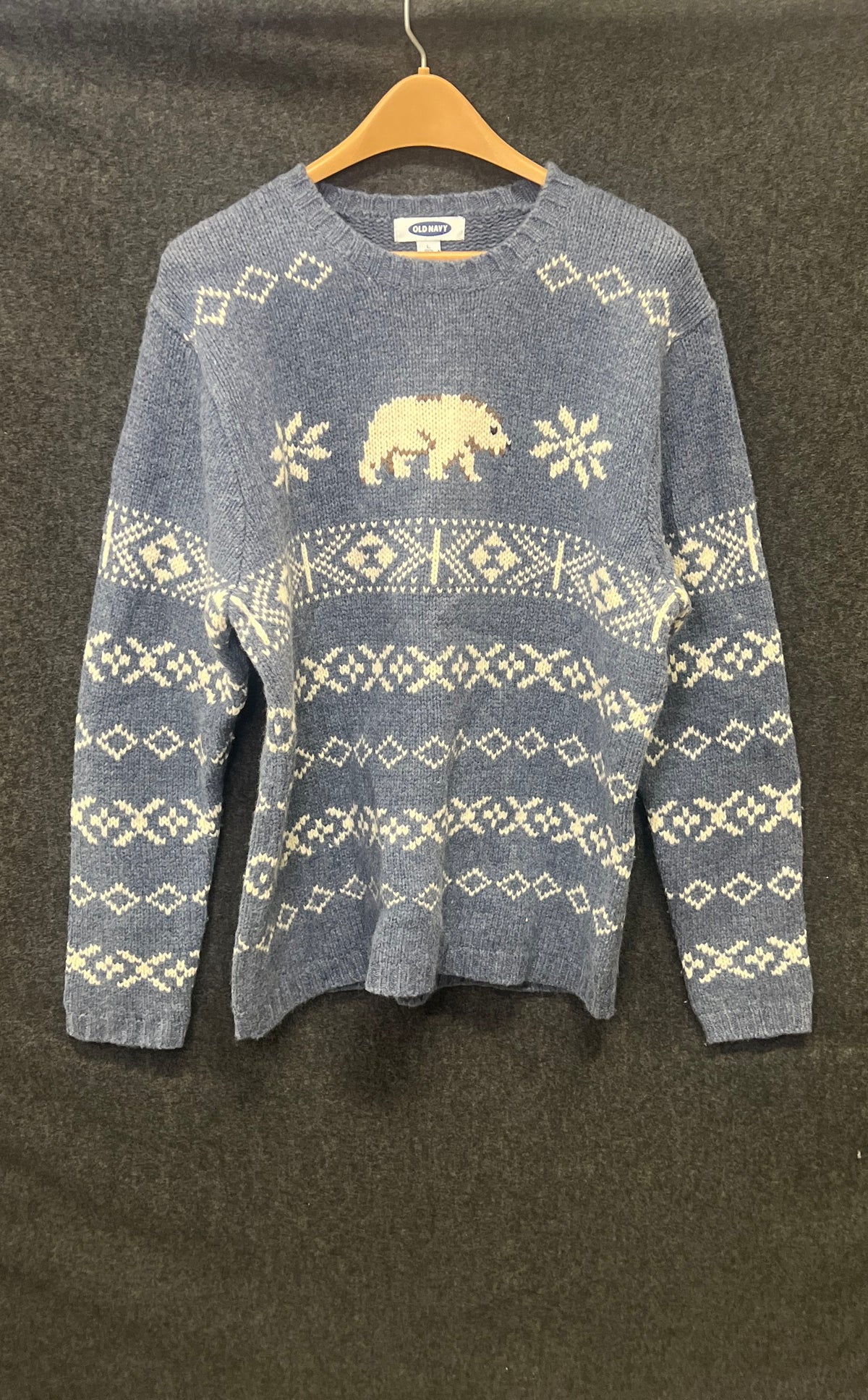 Vintage 90s Old Navy Kids Blue Lambswool Polar Bear Fair Isle Sweater Sz L