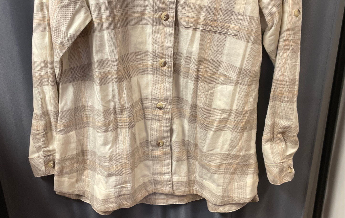 Columbia Women's Holly Hideaway Flannel Shirt Tan Plaid Roll Tab Sleeves XL NWT