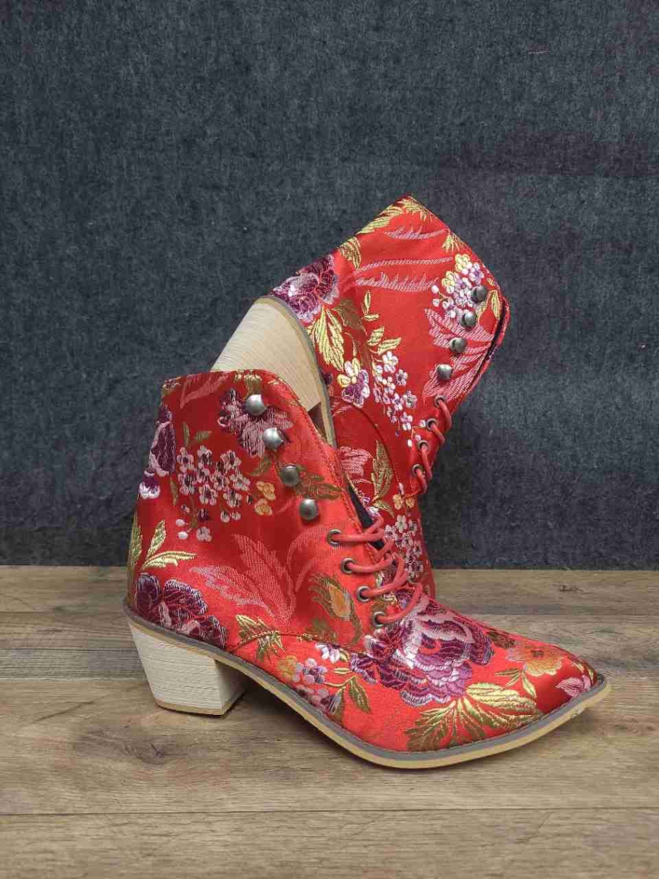 Red Floral Brocade Lace Up Pointed Toe Ankle Boots Women's Size 41