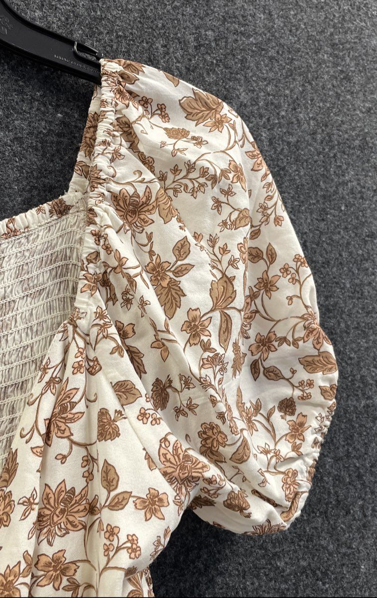 Jessica Simpson Women's Brown White Floral Smocked Puff Sleeve Mini Dress Sz L