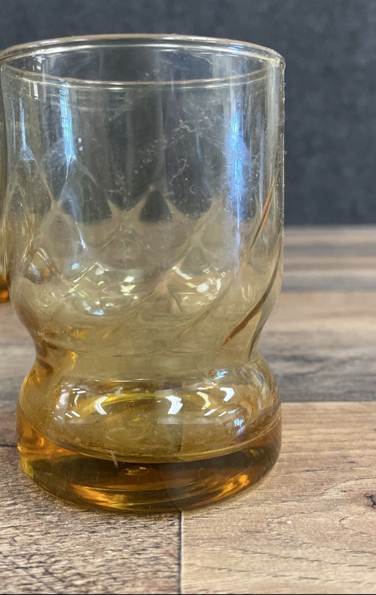 L.E. Smith Amber Glass Juice Tumblers 3 Piece Set Pinwheel Swirl Pattern 3.5"