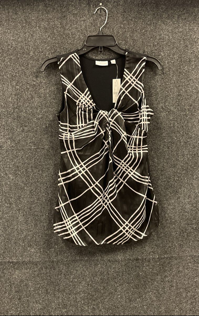 New York & Company Women's Black White Geometric Twist Front Top NWT S