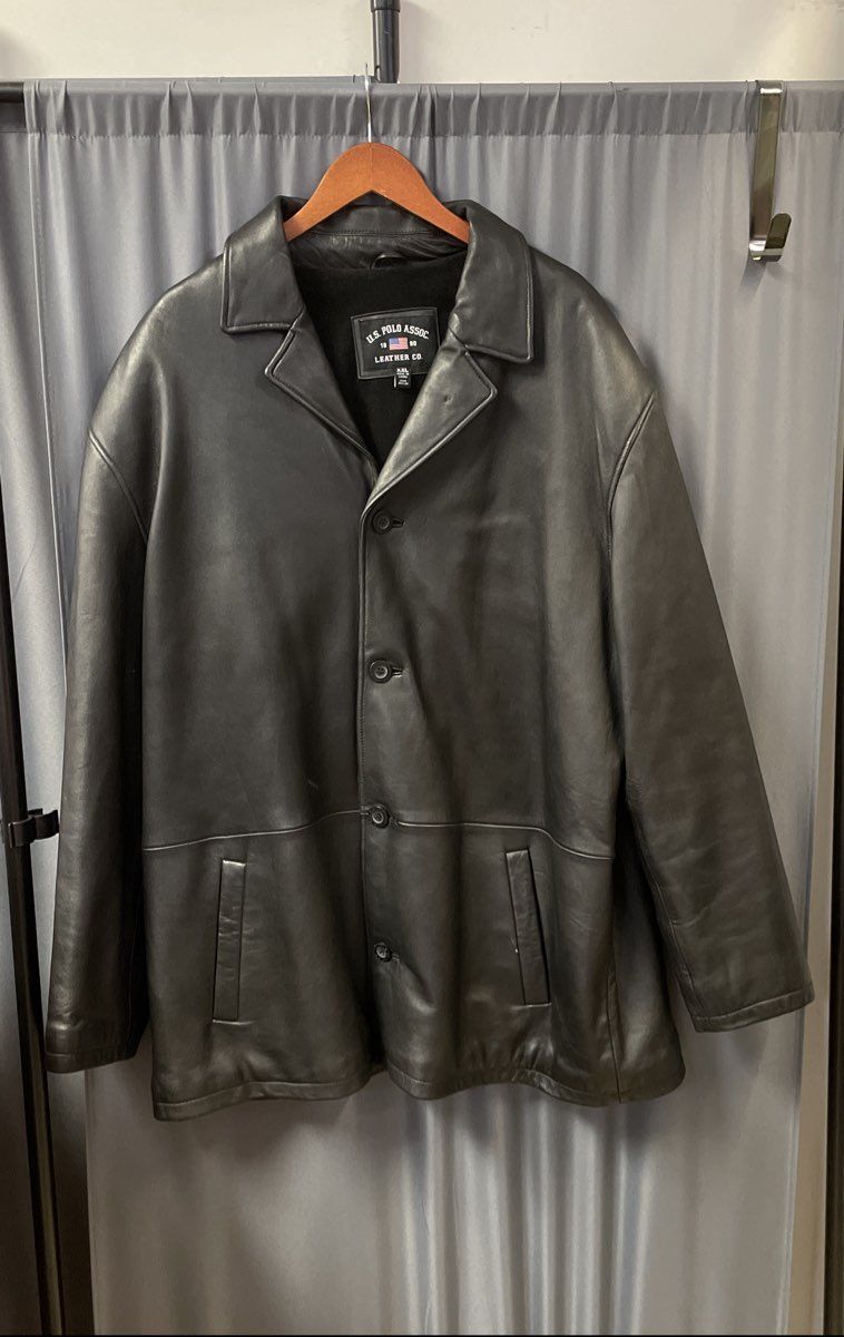 U.S. Polo Assn. Men's Black Genuine Leather Button Front Car Coat Sz XXL