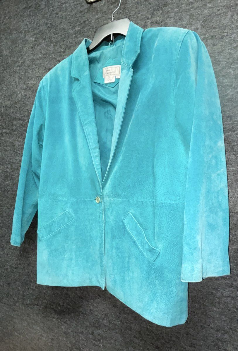 Vintage 80s Chance Encounters Women's Teal Suede Leather Blazer Jacket Sz L