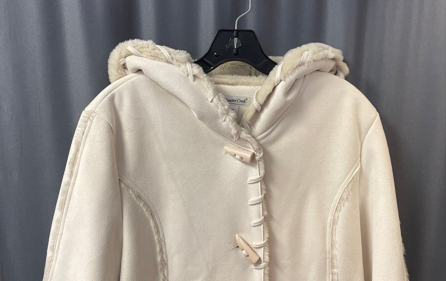 Coldwater Creek Women's White Faux Shearling Hooded Toggle Coat Sz M