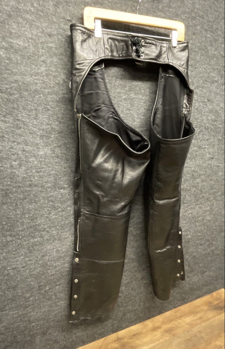 Leather King Men's Black Leather Motorcycle Chaps Belted Zippered Side XL