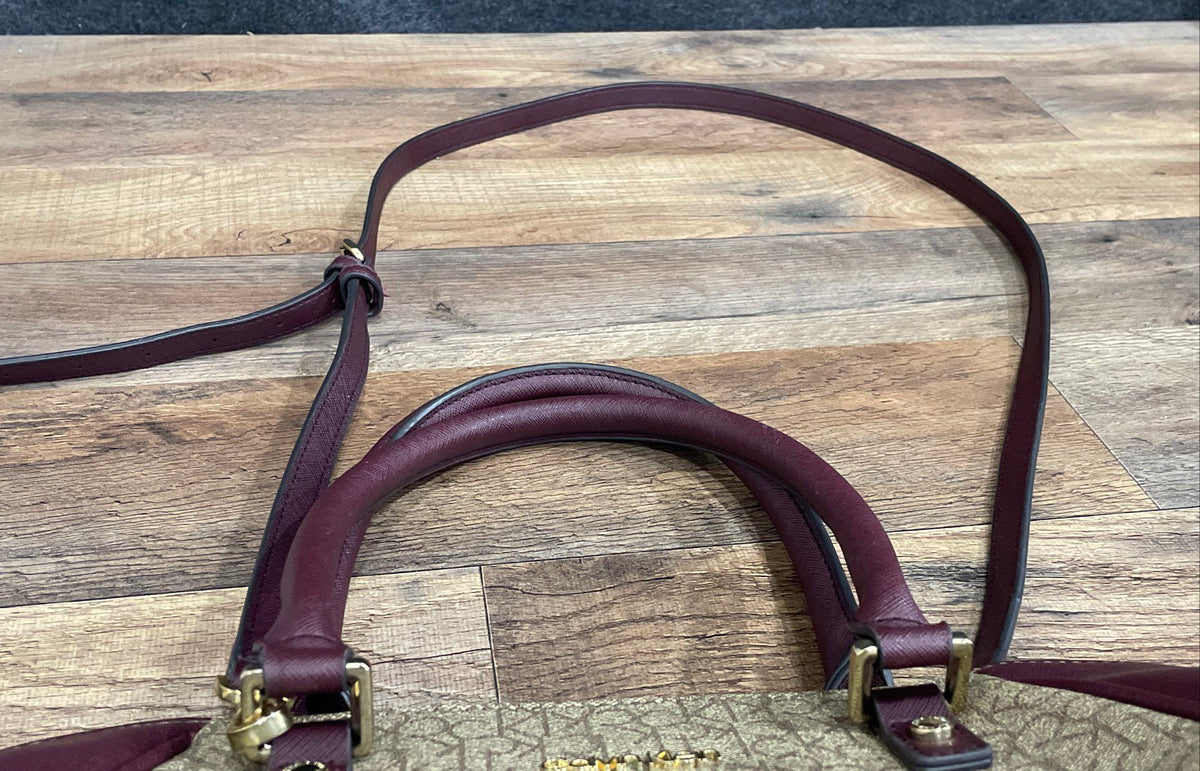 Calvin Klein Cream Maroon Leather Monogram Satchel Purse Crossbody Bag Gold Tone