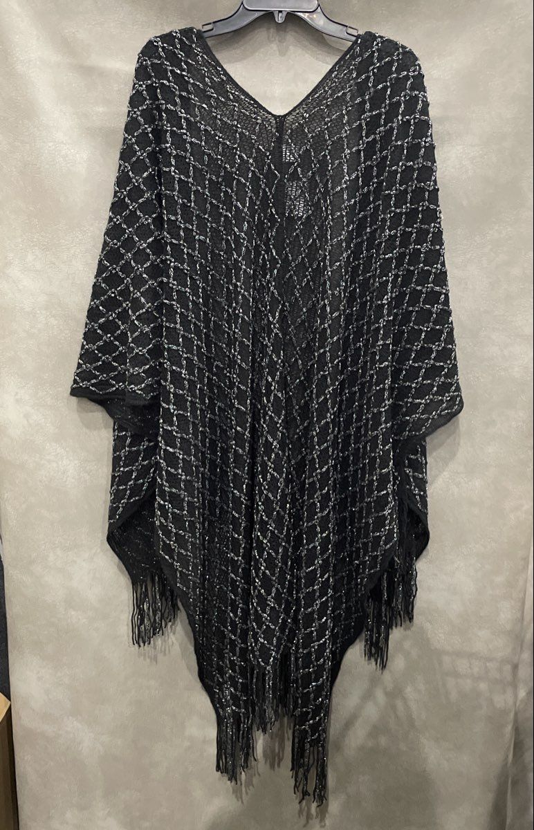 Women's Black Silver Sparkly Diamond Knit Fringe Sweater Shawl Wrap NWT OS