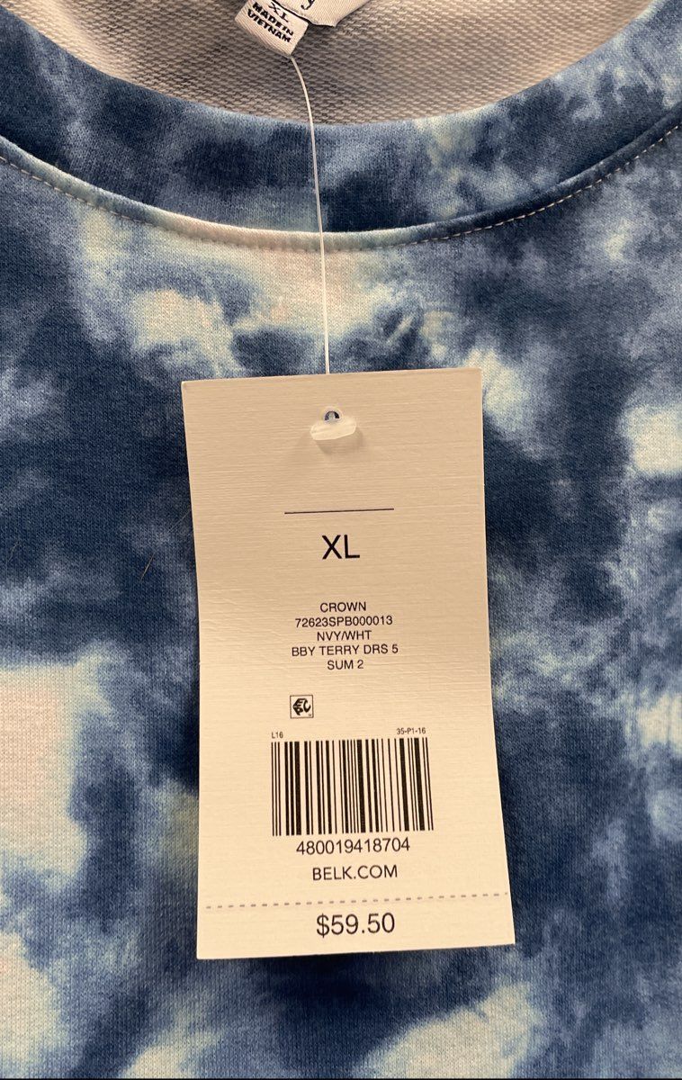 Crown & Ivy Women's Blue White Tie Dye Tiered Baby Terry Dress NWT Sz XL
