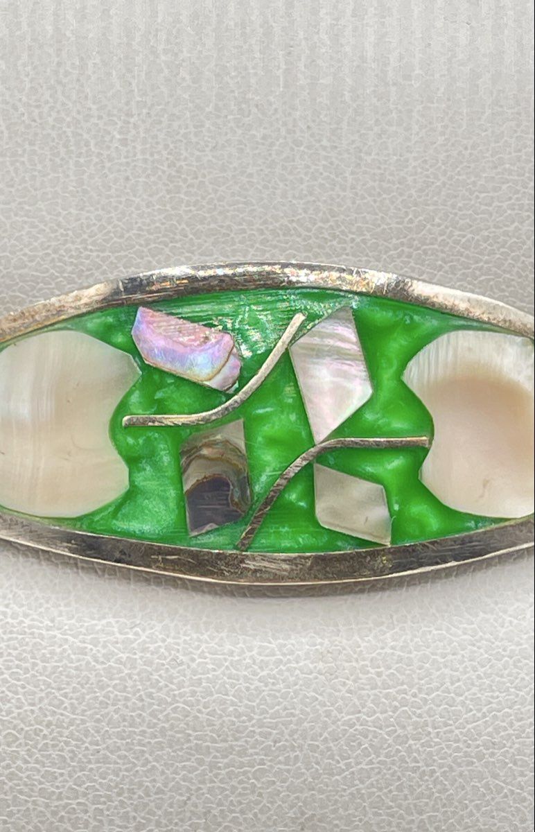 Alpaca Silver MOP Abalone Inlay Green Resin Bangle Bracelet Mexico Marked 15.1g