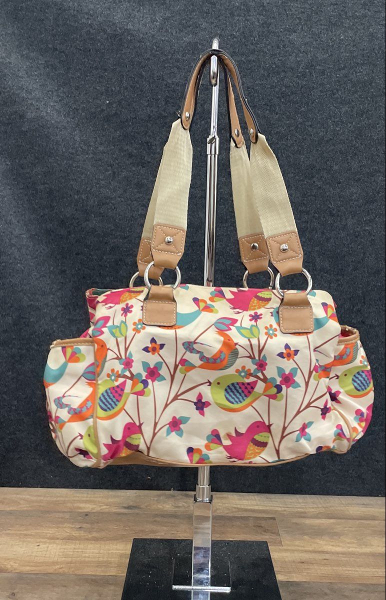Lily Bloom White Multi-Color Bird Floral Canvas Shoulder Bag Satchel Purse