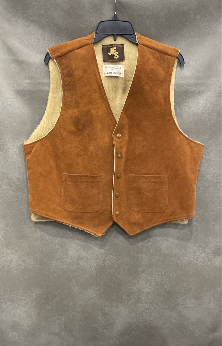 Vintage 80s JFS Men's Tan Suede Sherpa Lined Western Rancher Vest Made in U.S.A.