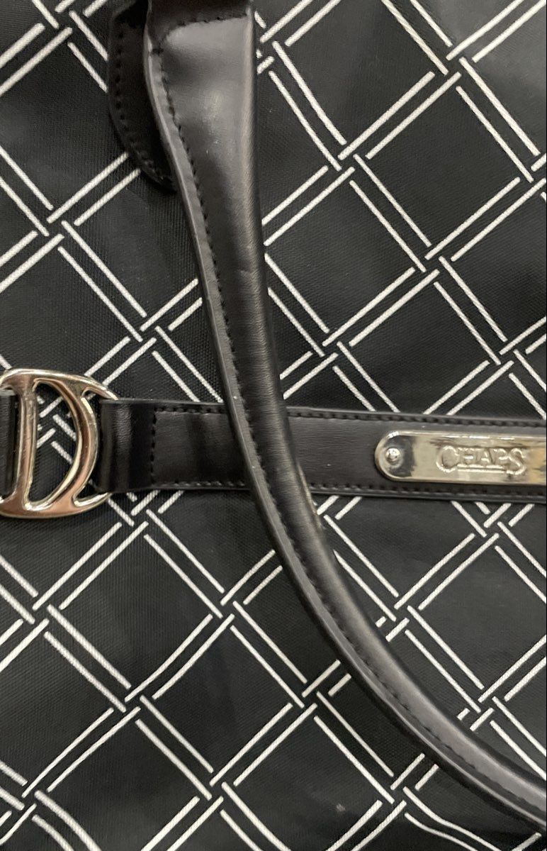 Chaps Black White Lattice Canvas Large Travel Tote Bag Silver Hardware