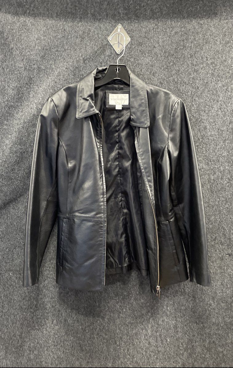 Worthington Women's Black Leather Jacket Zip Front Collared Sz S
