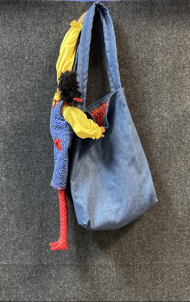 Denim Carry Bag with Integrated Cloth Doll Folk Art Handmade Style 19 Inch