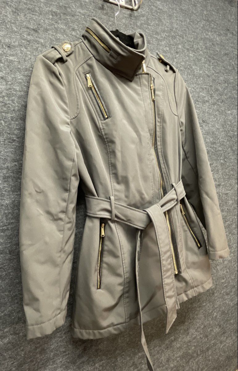 Michael Kors Women's Gray Belted Softshell Jacket Gold Hardware Hidden Hood Sz S