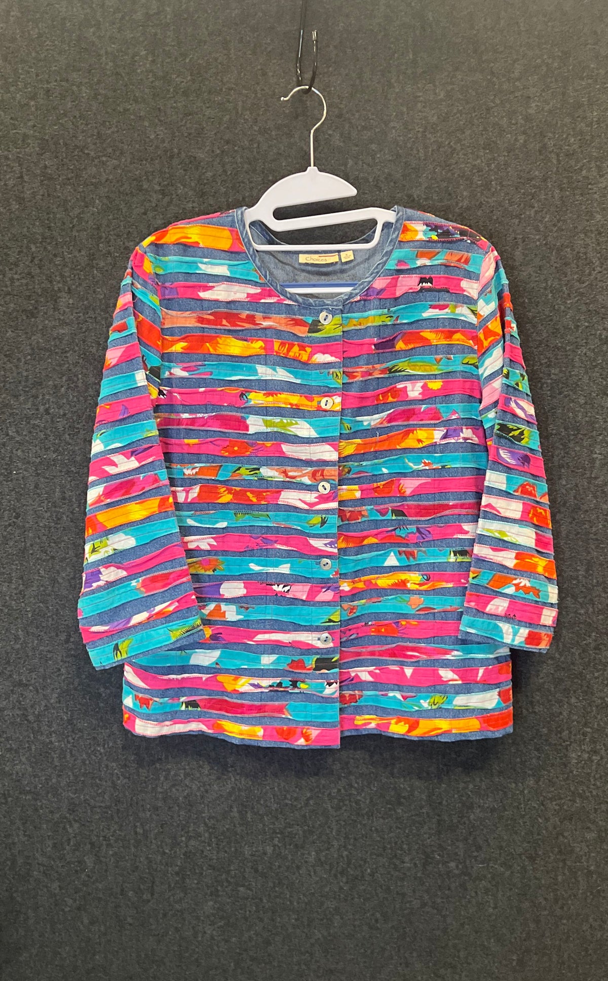 Choices Women's Multicolor Rainbow Striped Patchwork Button Front Shirt Sz S