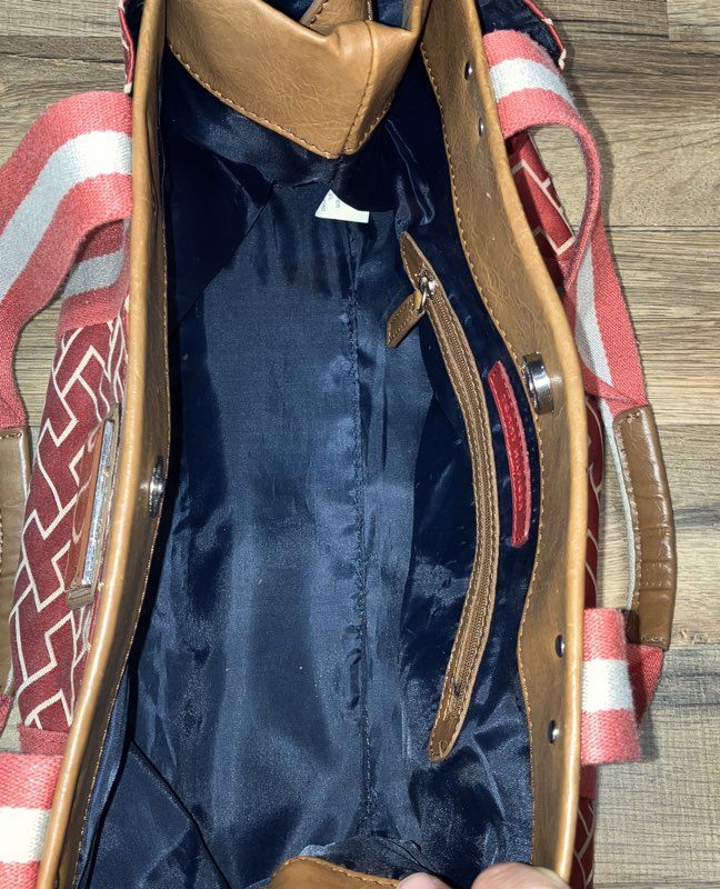 Tommy Hilfiger Red Monogram Jacquard Tote Bag Tan Trim Large Shoulder Bag