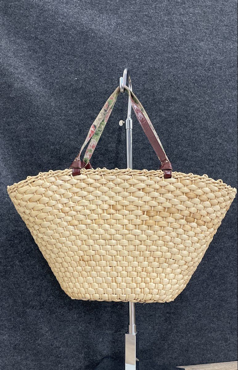 Cappelli Vintage Woven Straw Wood Look Tote Bag Floral Lining Handbag