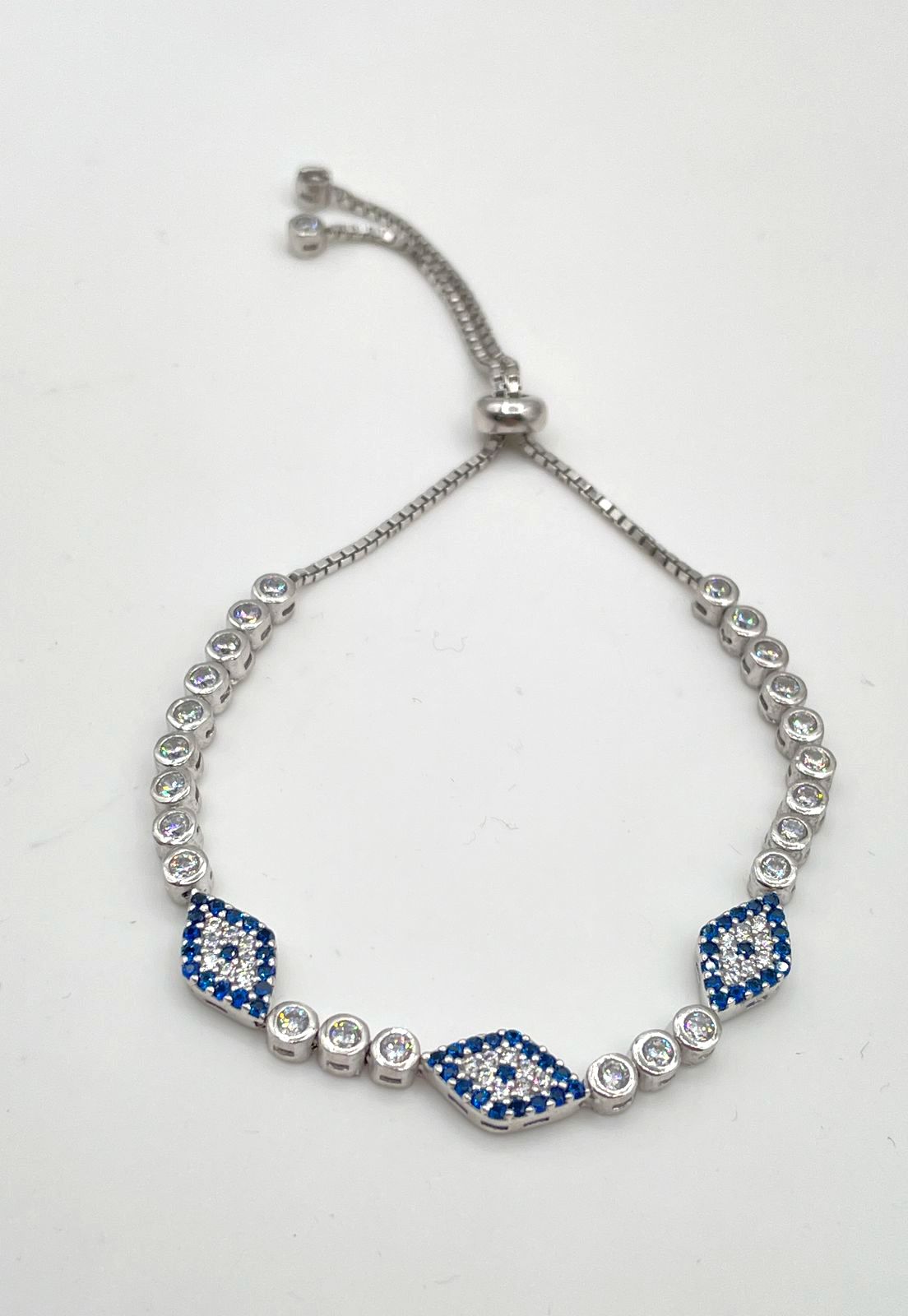 925 Sterling Silver Clear CZ Blue Sapphire Evil Eye Bolo Tennis Bracelet 8.6g