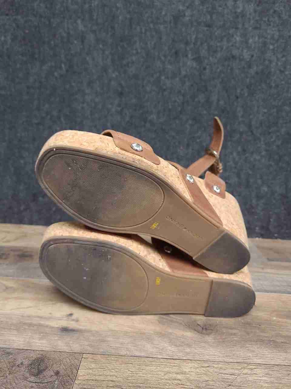 Lucky Brand Valintina Tan Leather Strappy Cork Wedge Sandals Women's Size 8.5
