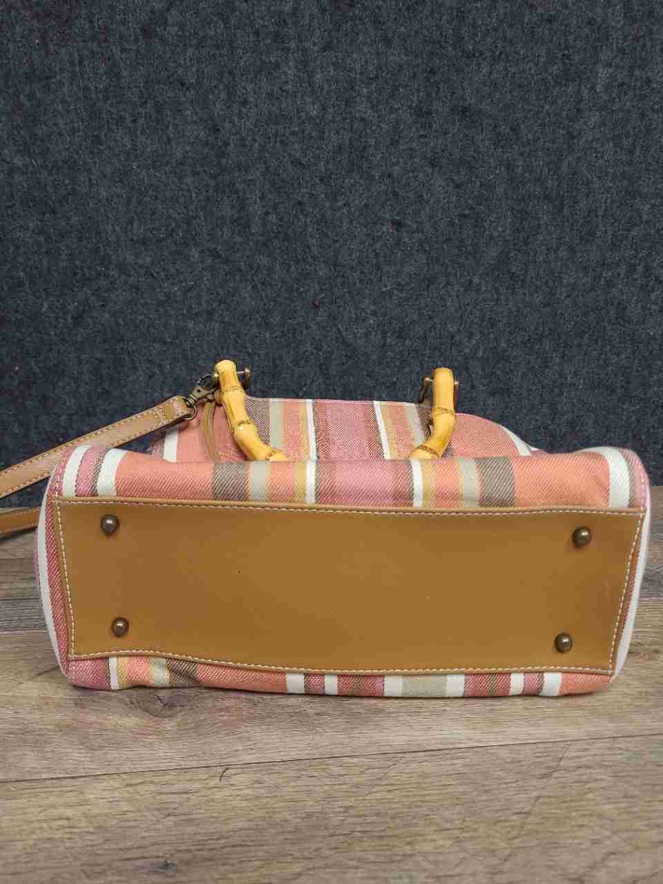 Fossil Striped Canvas Bamboo Handle Satchel Bag Pink Orange Multi-Color