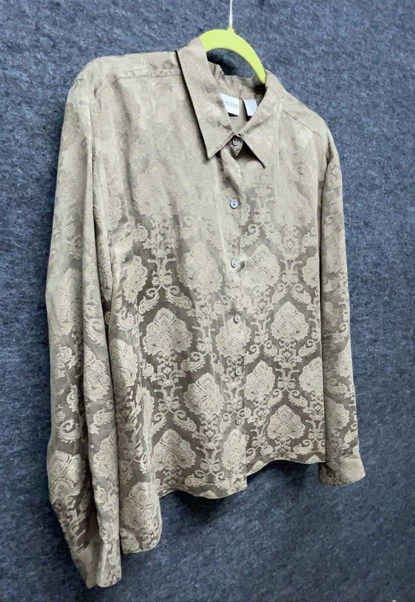 Chico's Women's Gold Damask Jacquard Silk Linen Button Up Blouse Sz 2