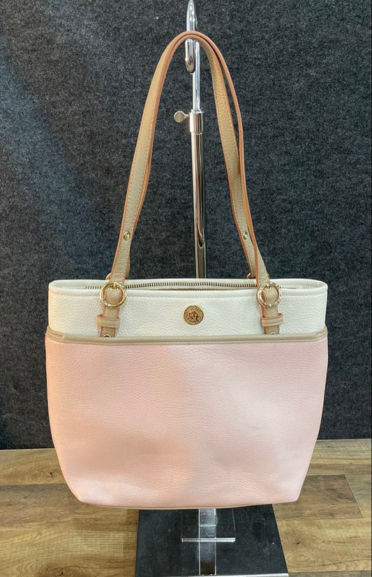 Anne Klein Pink White Tan Pebbled Shoulder Tote Bag Gold Hardware Lion Emblem
