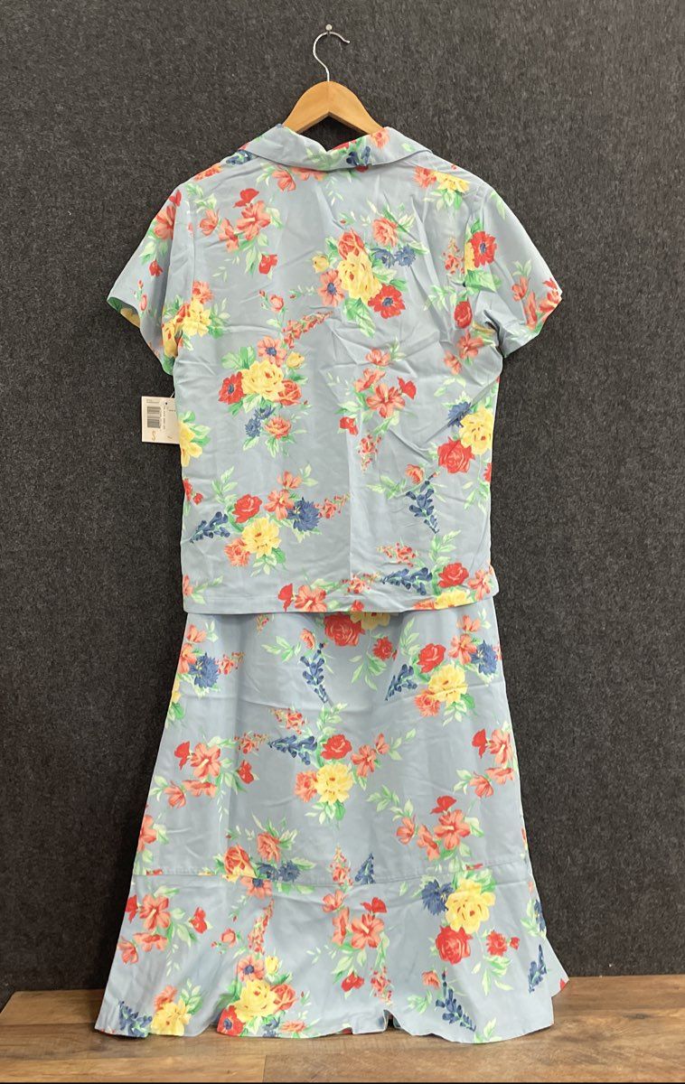 Crazy Horse Women's 2 Piece Floral Shirt Skirt Set Blue Vintage 90s Sz S 10P