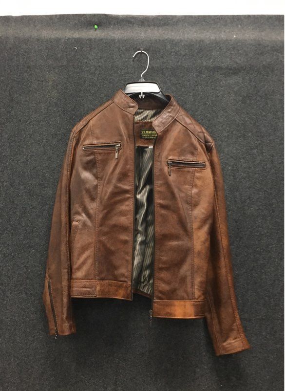 JT Mackenzie Women's Brown Distressed Leather Cafe Racer Moto Jacket Sz 10