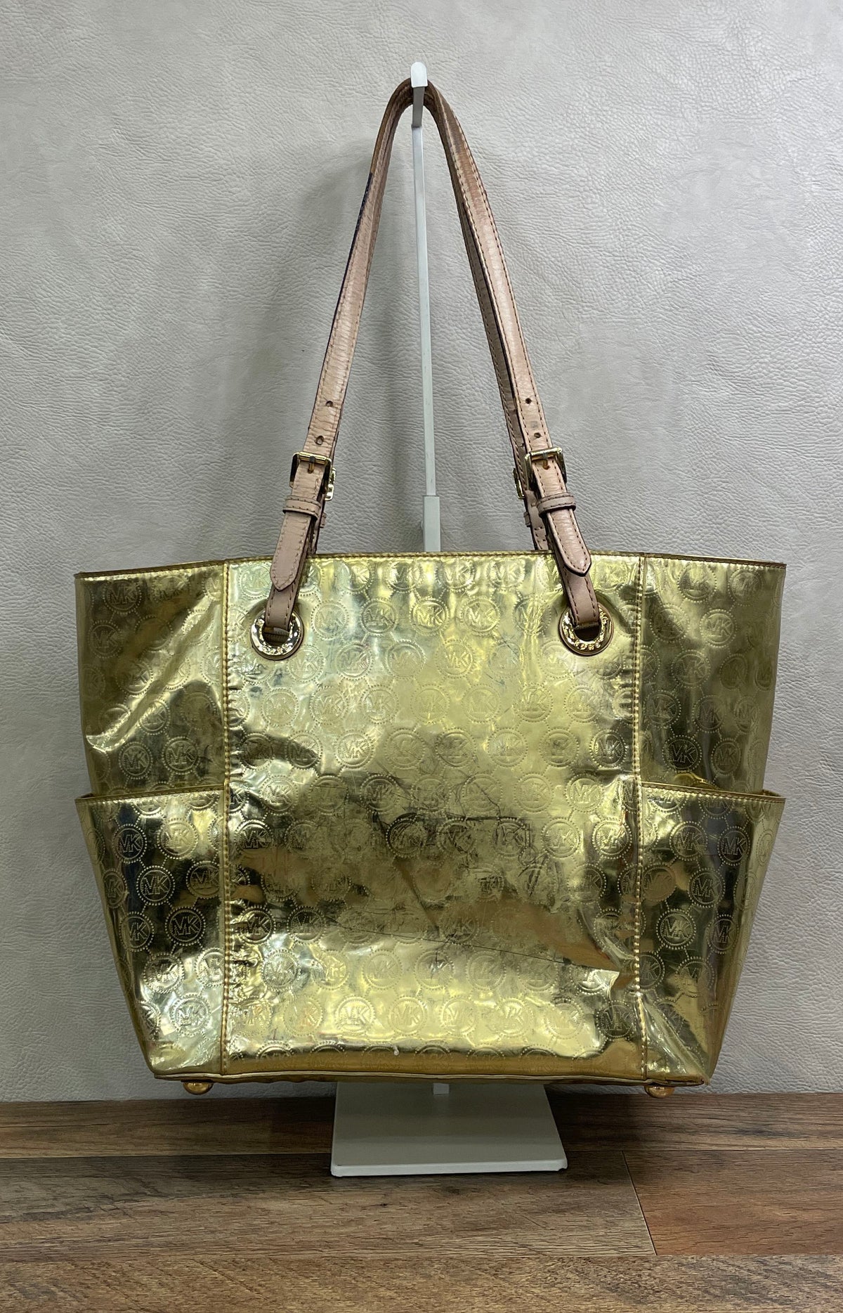 Michael Kors Gold Metallic Logo Embossed Leather Tote Bag Gold Hardware