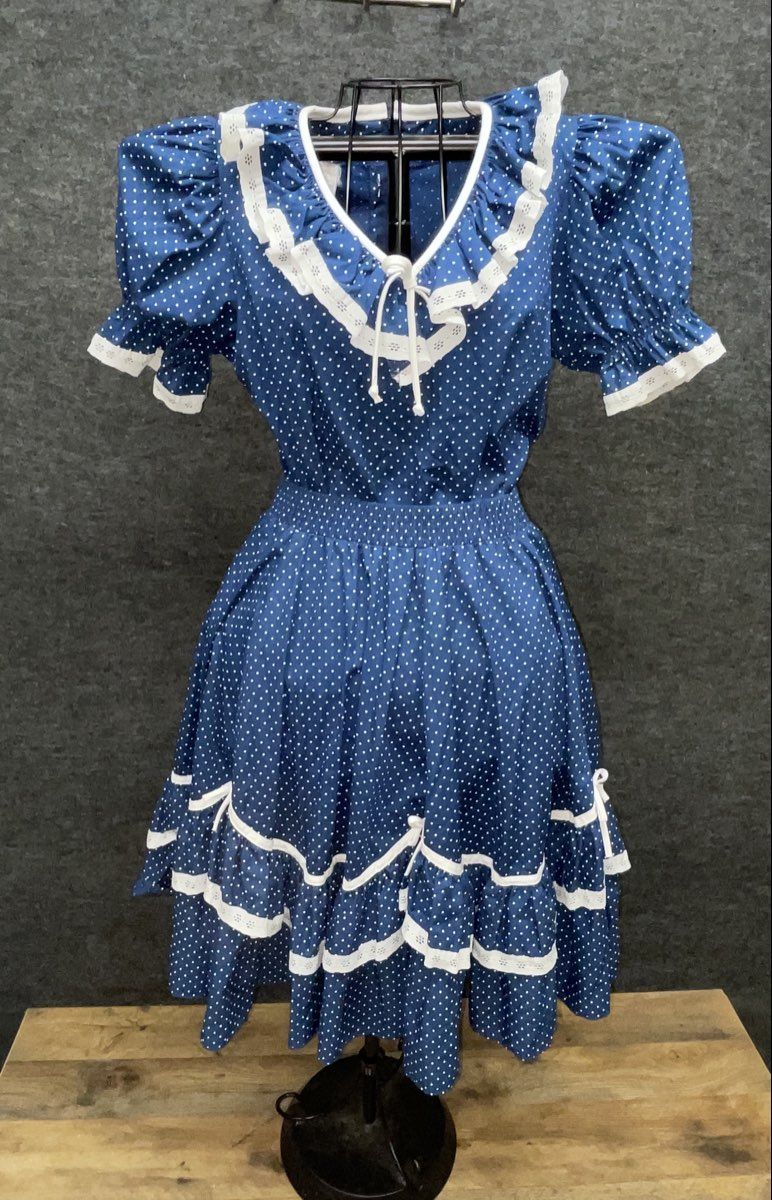 Vintage 80s Blue Polka Dot Square Dance Skirt Blouse Set Eyelet Size M