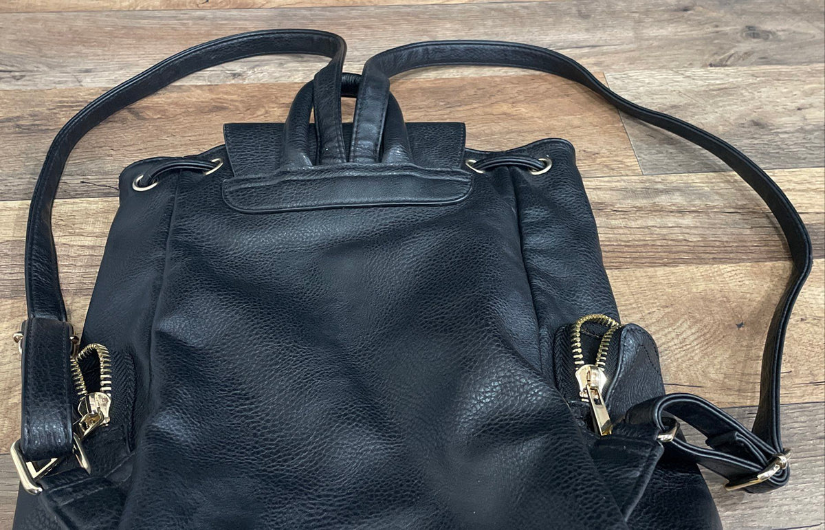 Aldo Black Leather Backpack Gold Hardware Large Pebbled Drawstring Flap