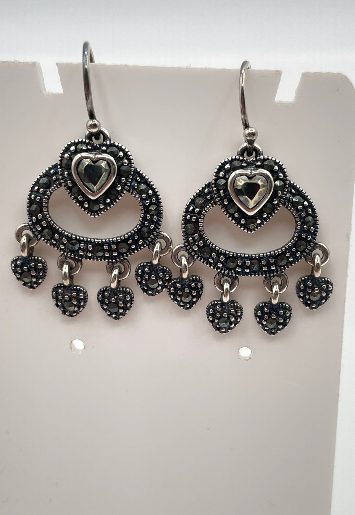 925 Sterling Silver Marcasite Heart Chandelier Dangle Earrings 6.5g