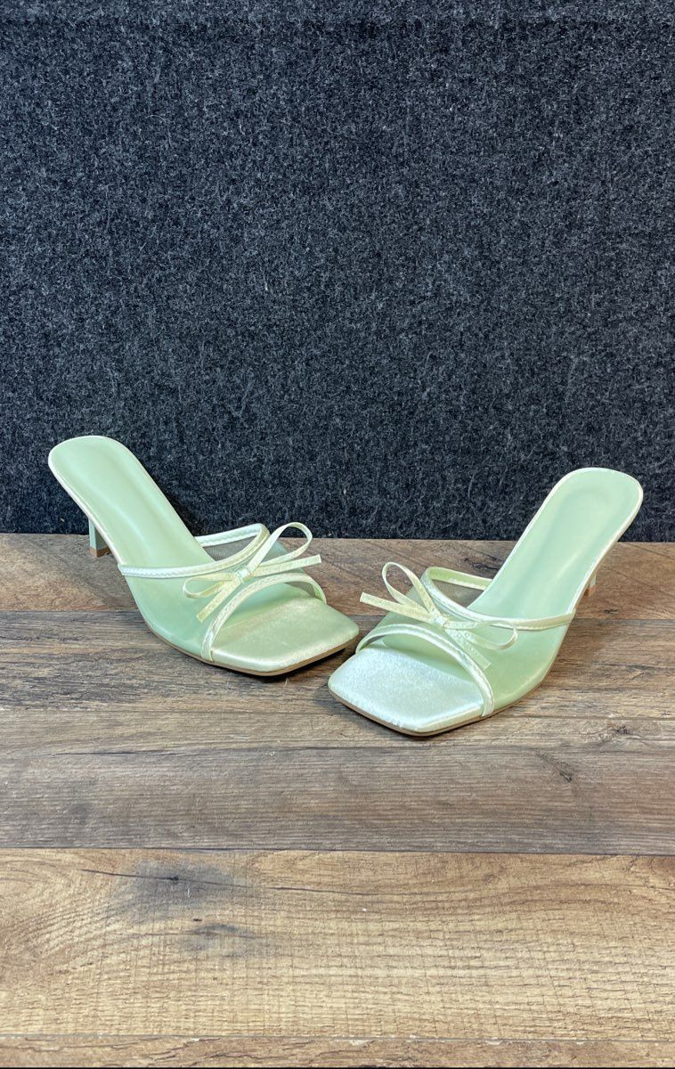 Mint Green Satin Mesh Bow Square Toe Slide Sandals Mules Women's Size 40