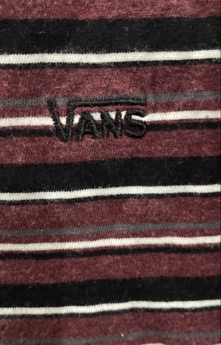 Vans Men's Long Sleeve T-Shirt Maroon Black Striped Embroidered Logo Cotton XL