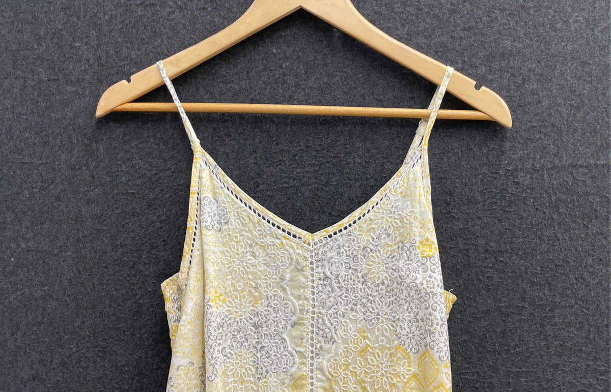 Rachel Zoe Women's Yellow Gray Eyelet Tiered Floral V-Neck Midi Dress Sz S