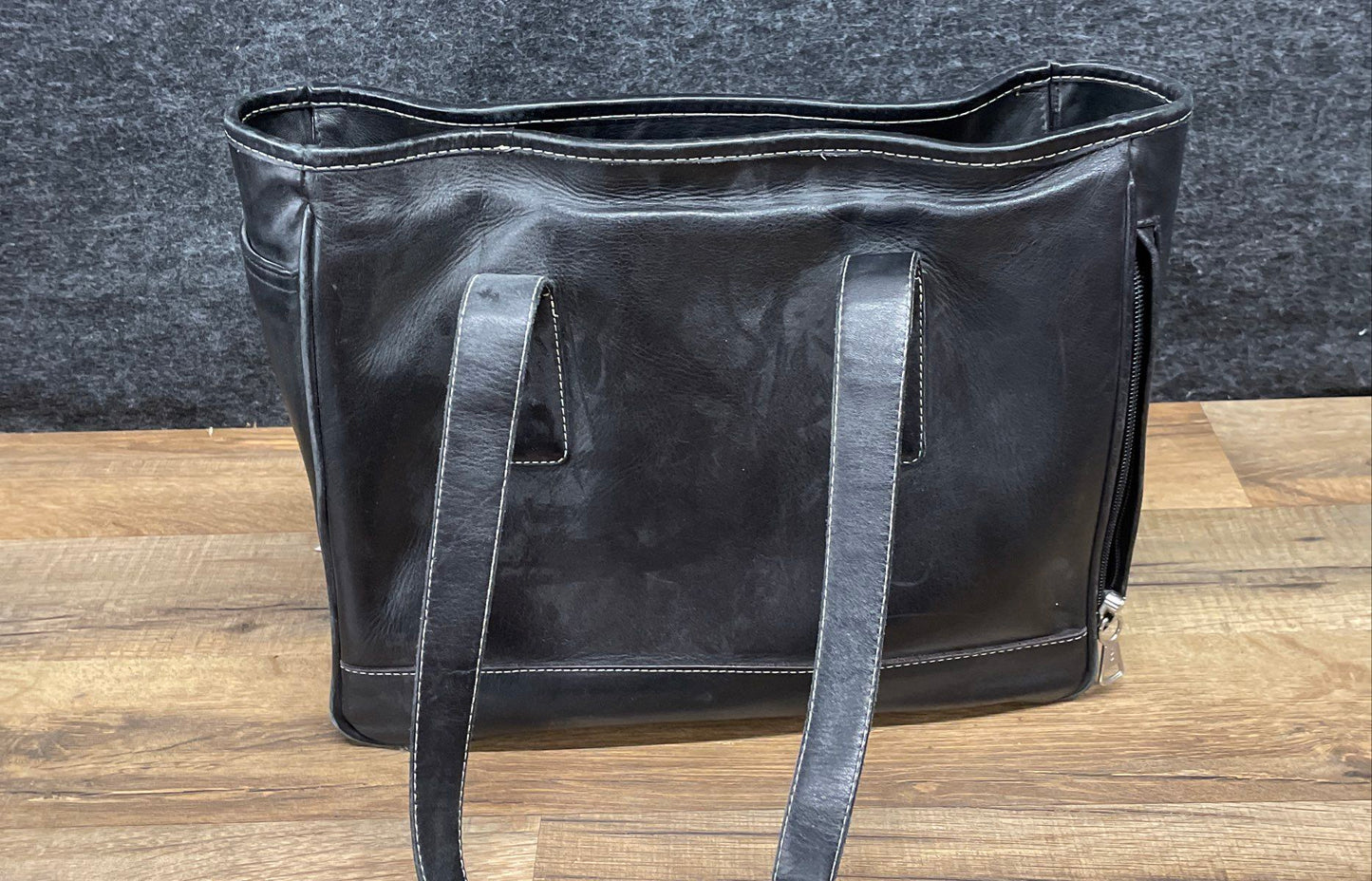 Coronado Leather Black Leather Large Tote Handbag Contrast Stitching