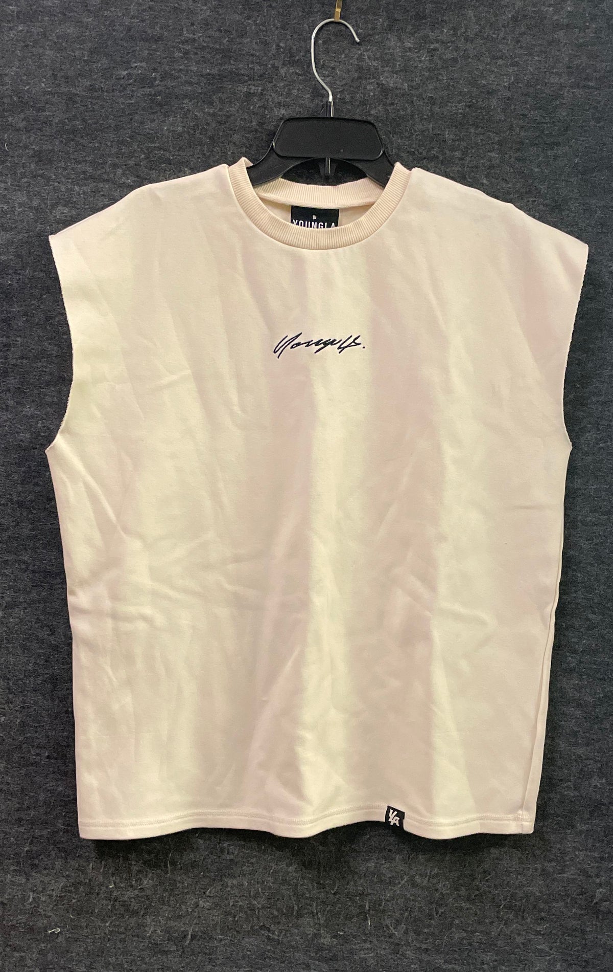 Youngla Men's 328 Pump Cover Cutoff Muscle Shirt Cream Embroidered Sz M